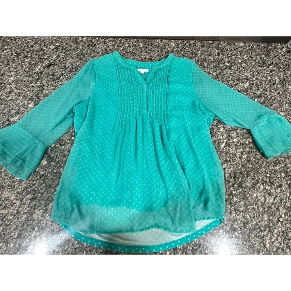 Charter Club Women’s XXL Teal Printed Pintuck Blouse Sheer Bell Sleeves